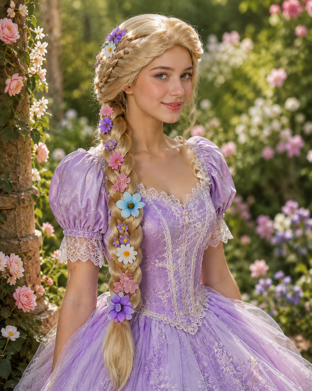 Rapunzel Floral Wig Long Blonde Braided Flowers Princess Cosplay Costume